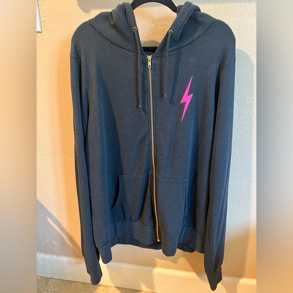 Aviator Nation Blue Hoodie with Pink Lightning Bolt